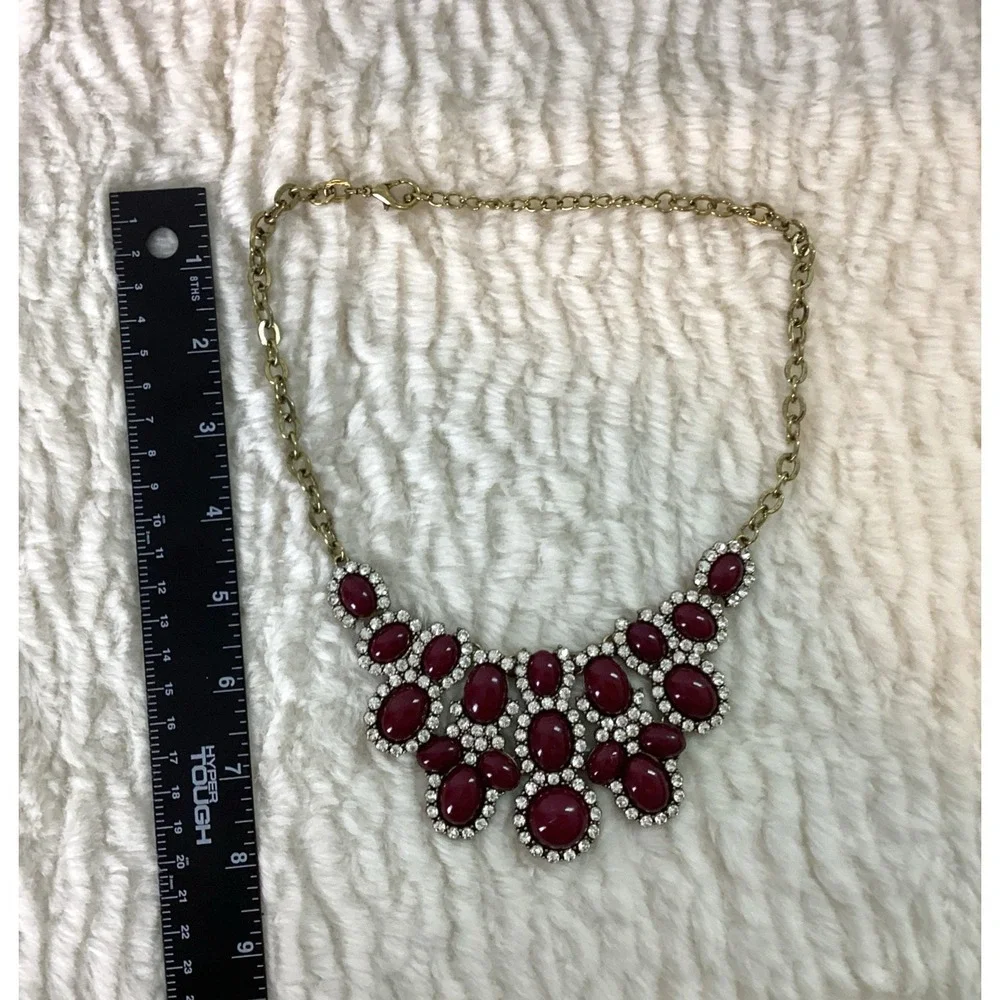 Vintage Burgundy Red Stone Diamonds Statement Necklace Costume Bling Glam Gold